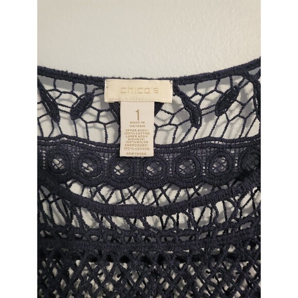 Chico's Blue Long Sleeve Crochet Bodice Sheer Sleeves Top  Blouse‎ Size 1 Medium - Picture 3 of 9